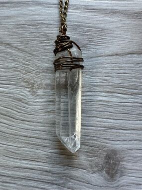 Clear Quartz Point Pendant Necklace - Brass Wire Wrapped Boho 34” Brass Chain